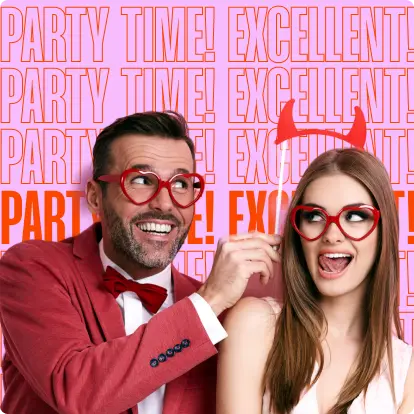 Man and woman in a photo booth with props on a pink background with wording that reads Party Time! Excellent!